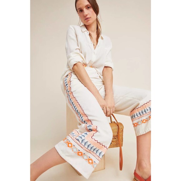 Anthropologie White Wide Leg Pants with Orange and Blue Accents - Picture 2 of 11